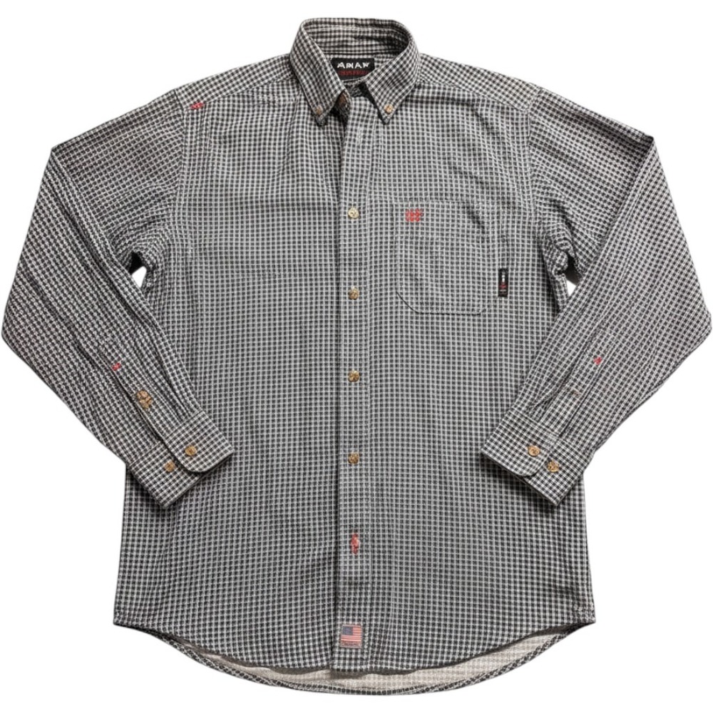 Ariat FR Mens Small Navy White Check Flame Resistant Work Shirt CAT 2 LS